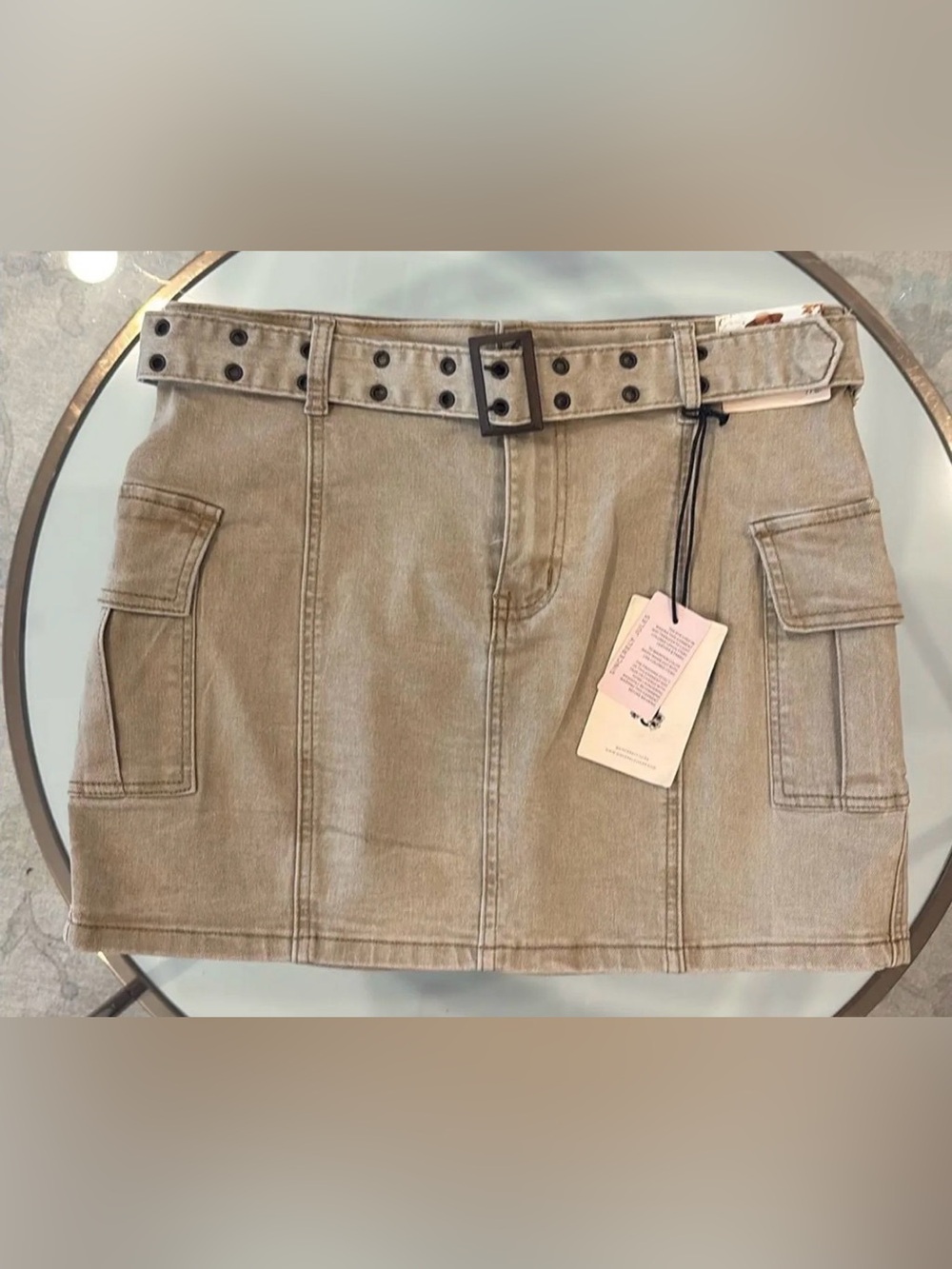 Sincerely Jules Taupe Cargo Mini Skirt with Studded Belt